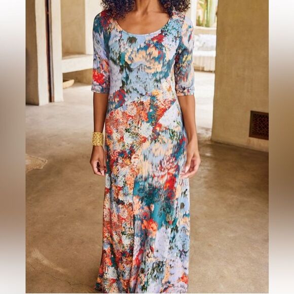 Soft Surroundings Women Nanette Dress short sleeve maxi Red Gray sundress Neck M - Picture 5 of 14